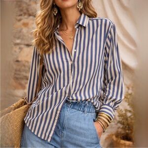 Vintage 90’s Missoni Blue & Cream Striped Button-Down Shirt Made in Italy Sz 10